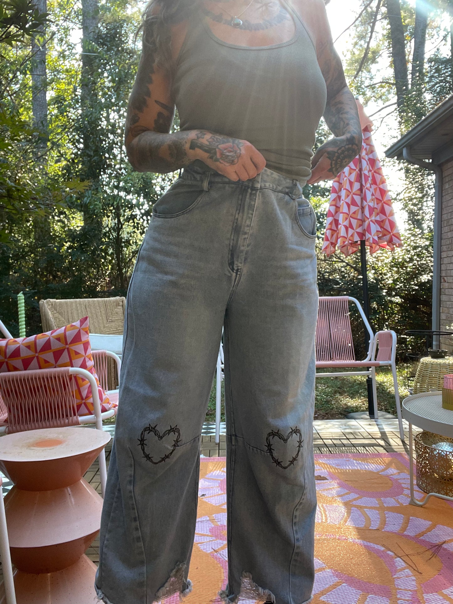 Embroidered Knees Upcycled Denim Barrel Jeans