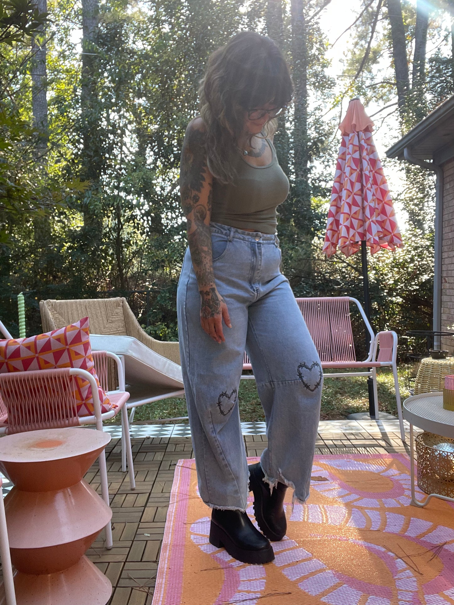 Embroidered Knees Upcycled Denim Barrel Jeans