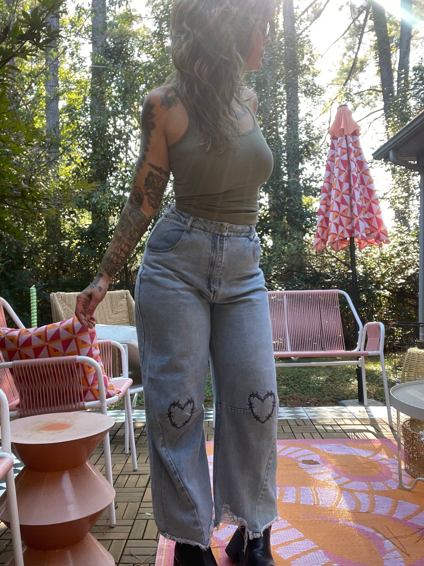 Embroidered Knees Upcycled Denim Barrel Jeans