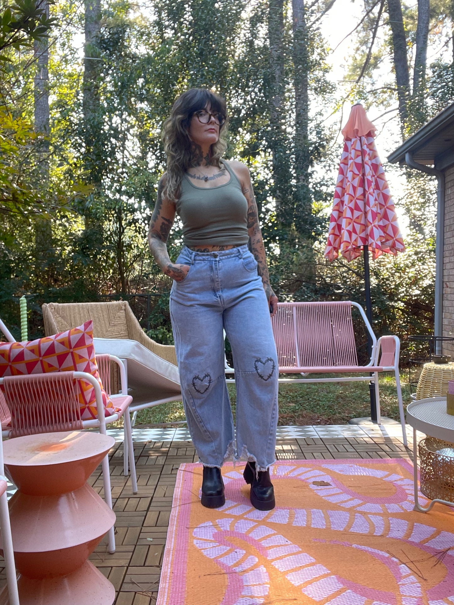 Embroidered Knees Upcycled Denim Barrel Jeans