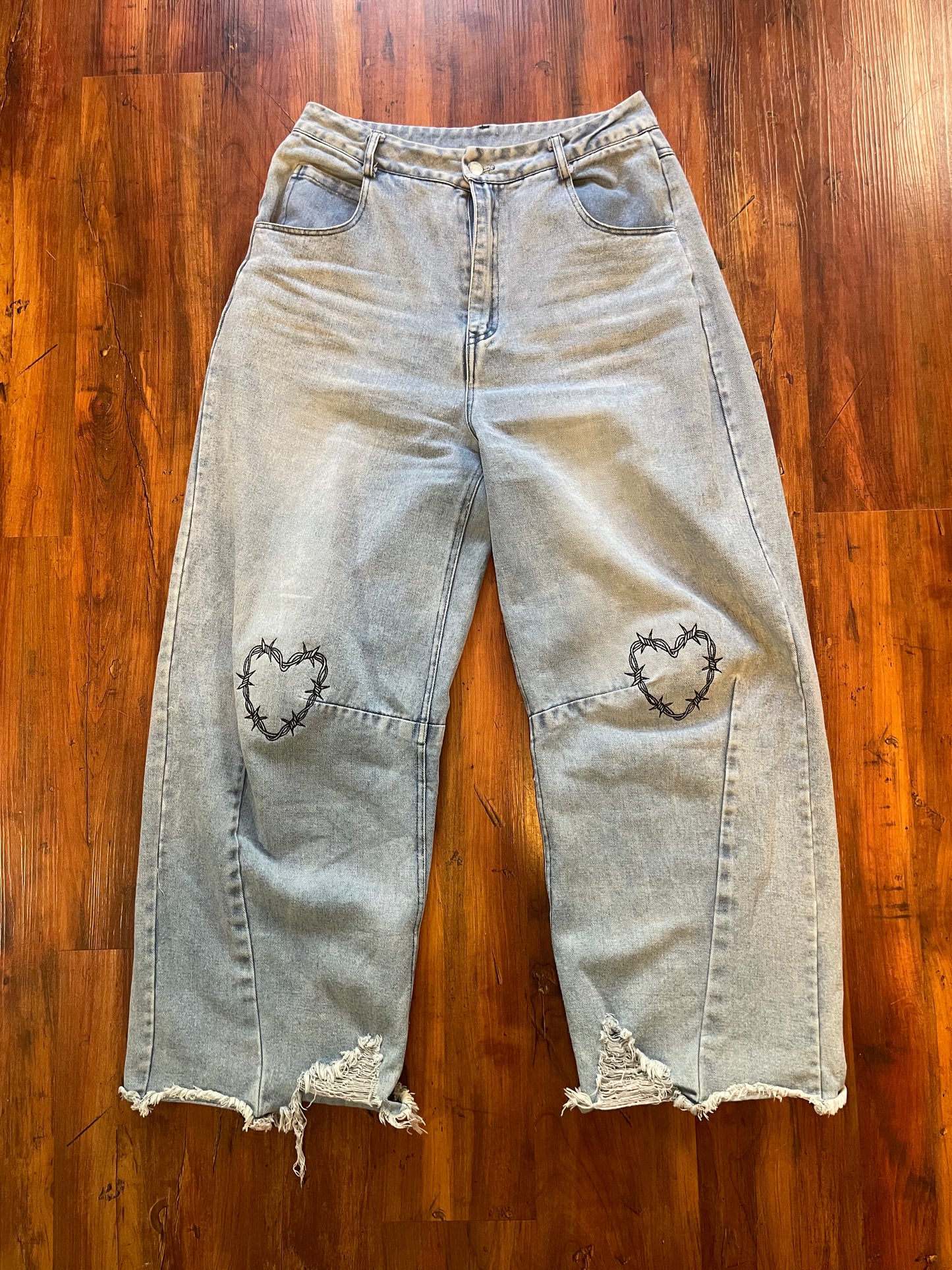Embroidered Knees Upcycled Denim Barrel Jeans