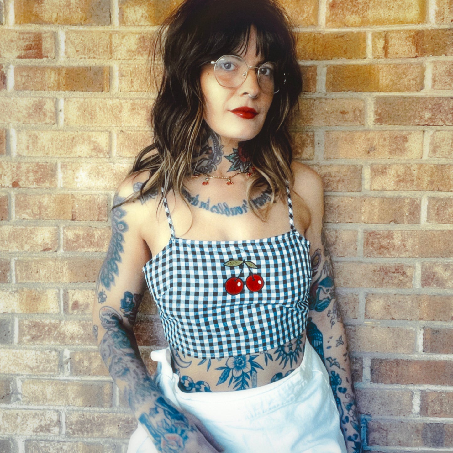 Cherries Embroidered Gingham Crop Top