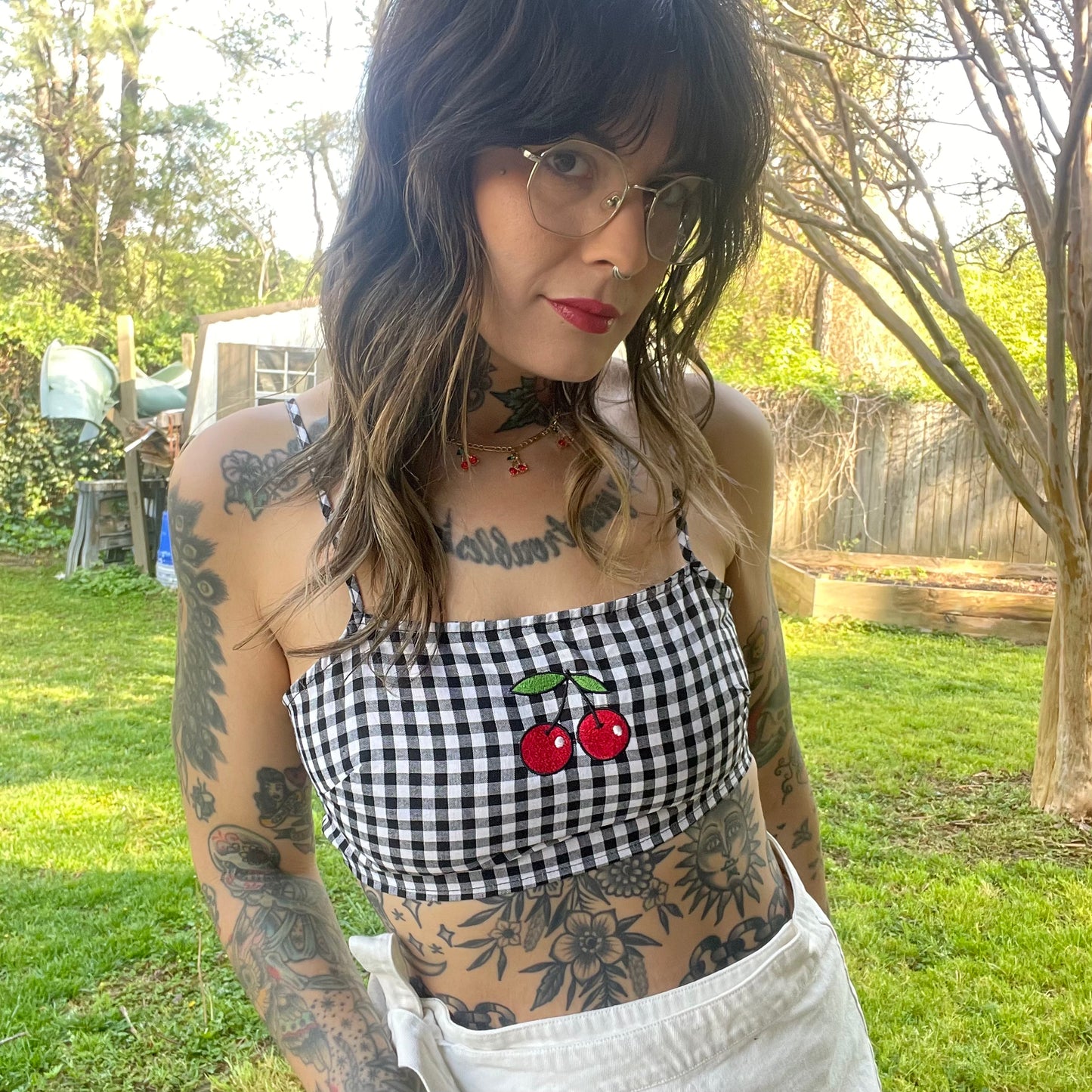 Cherries Embroidered Gingham Crop Top