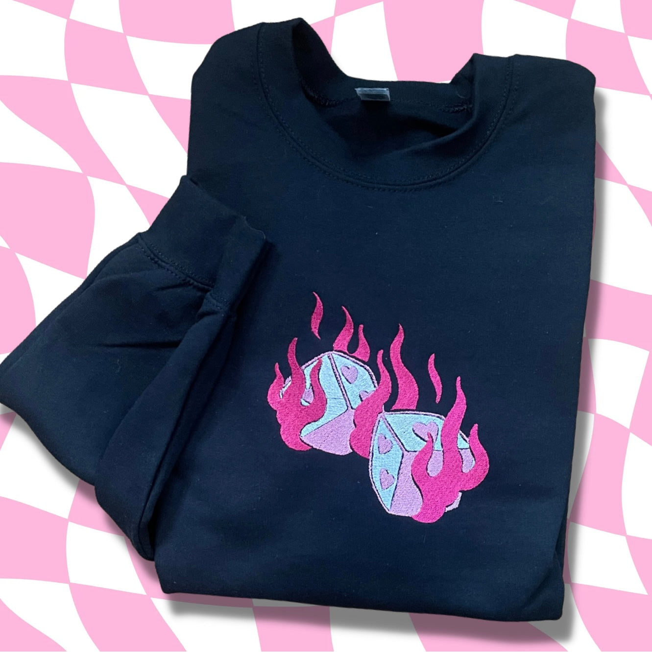 Love's A Gamble Dice and Flames Embroidered Crewneck Sweatshirt.